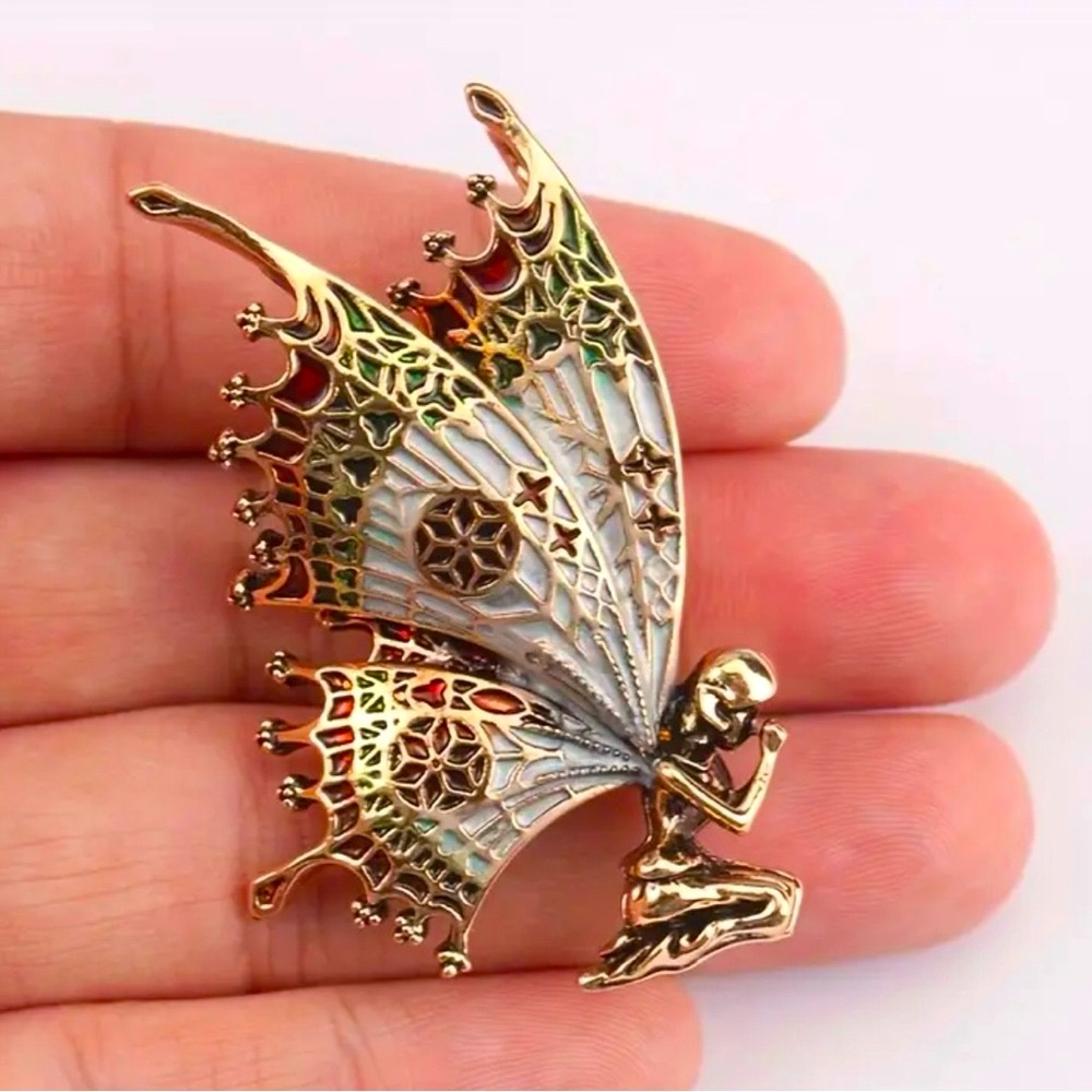 Butterfly Angel Fairy Gold, Green, Maroon, Gray, & Red Brooch Pin - Picture 3 of 7